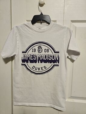 JMU White Short-Sleeve Tee with Purple James Madison Graphic